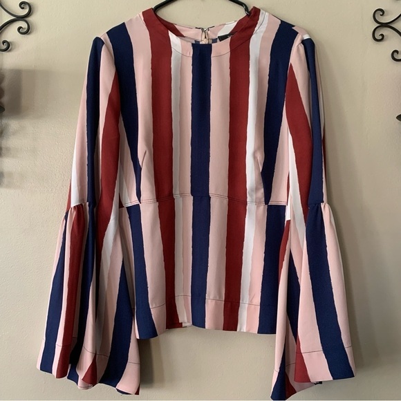 NWT BCBGMAXAZARIA Jeanne Striped Cabernet Blouse Boho Bell Sleeves Size Small - Picture 3 of 14